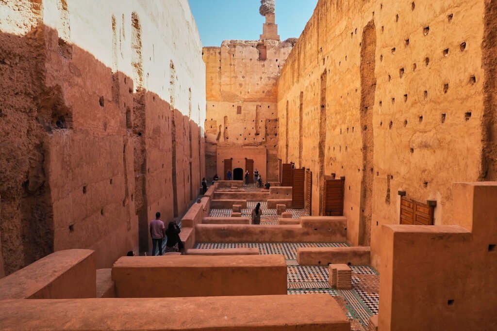 Historic earthen clay walls of a heritage site in Marrakech